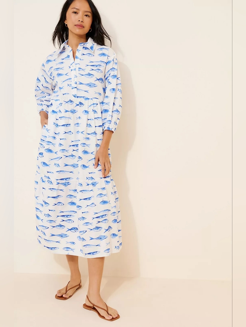 Maeve Bettina Fish Print Shirt Dress Blue White Cotton Midi Anthropologie S & XS